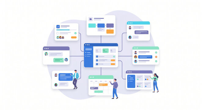 Modern SaaS Dashboard and Project Management Interface Illustration with Collaborative Workflow Elements