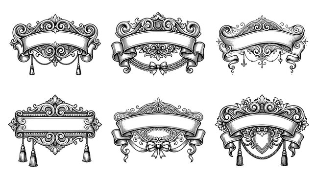 Banner ornament set with ornate filigree swirls, curling ribbons and tassels for vintage branding and decorative headers