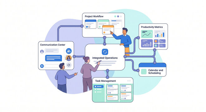 Smart Remote Work Ecosystem Flat Illustration &ndash; Connected Productivity and Digital Collaboration Platform Concept