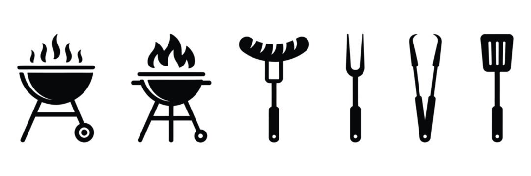 Barbecue grilling icon collection with black silhouette grill sausage fork tongs spatula and cooking equipment vector illustration