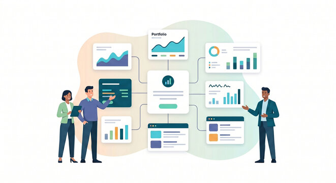 Smart Investment Ecosystem Flat Illustration &ndash; Connected Financial Platform and Digital Investment Concept