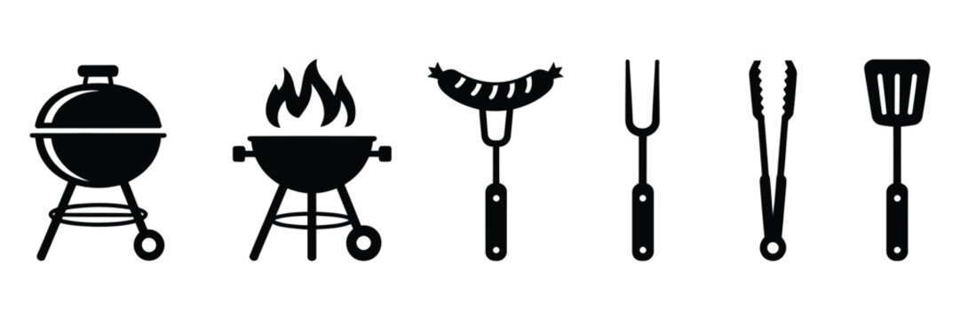 Barbecue and grilling icon set featuring black silhouette grills sausage fork tongs spatula cooking tools vector illustration design