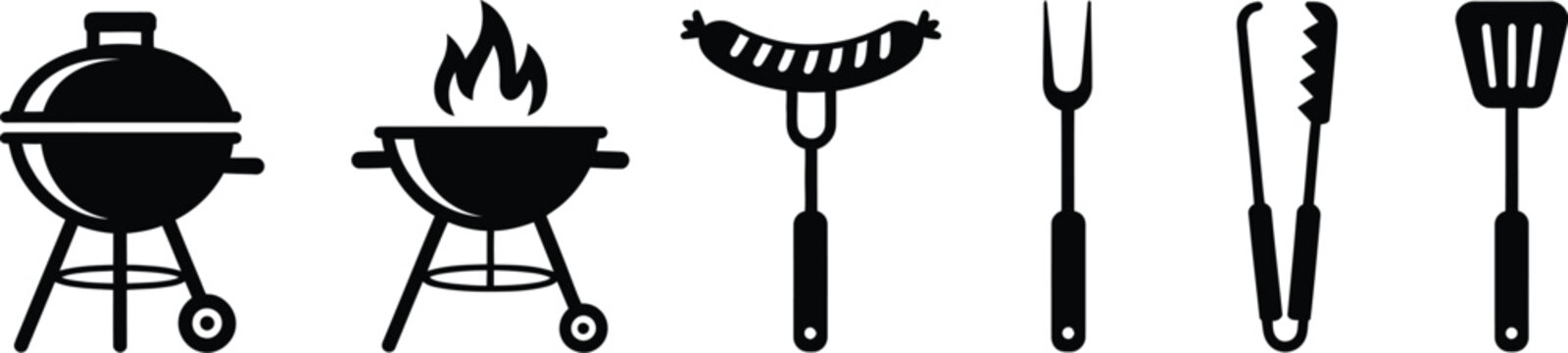 Barbecue icon set concept showing black silhouette grilling tools sausage fork tongs spatula and outdoor cooking elements vector illustration