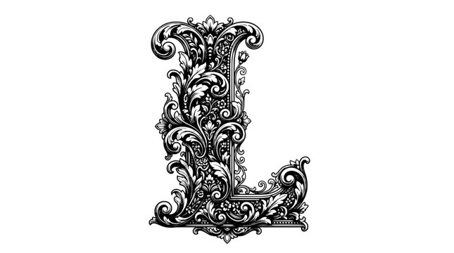 Letter L ornate vintage monogram tattoo style flourish engraving line art on white background featuring typography, antique, baroque with filigree