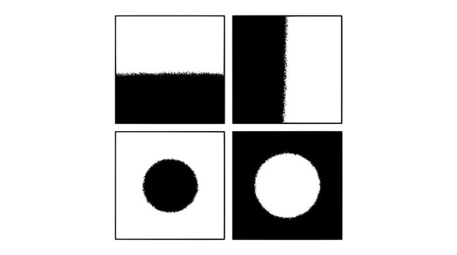 Paper card tiles icon set with black and white circles, squares, and textured halftone dots for UI design