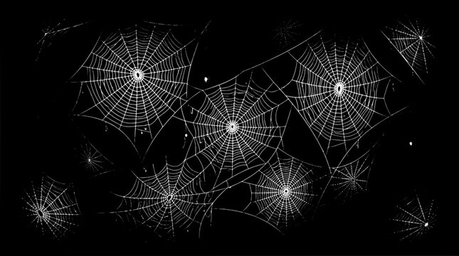 Spider web pattern set with glowing starburst centers and thin web lines, grunge texture for Halloween backgrounds