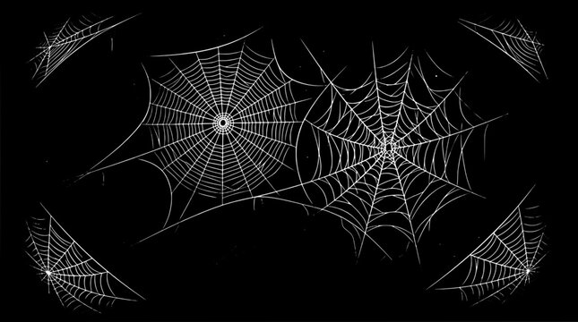 Spider web illustration with intricate lines and dots on black background featuring nature, design, pattern with artistic and detailed elements for
