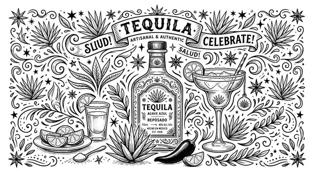 Tequila bottle illustration with celebratory elements and decorative patterns featuring celebration, drink, alcohol with agave and margarita elements