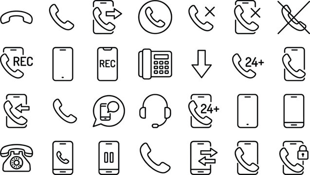 Comprehensive collection of twenty-eight communication line icons featuring smartphones call recording customer support headsets and vintage telephone symbols