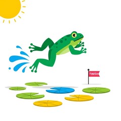 Fototapeta premium Illustration for National Frog Jumping Day with a frog jumping across lily pads