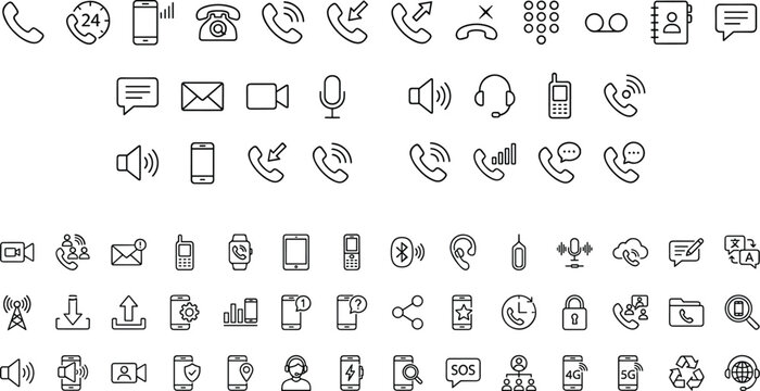 Large collection of seventy communication line icons featuring smartphones customer support headsets mobile data signals and modern technology interface symbols