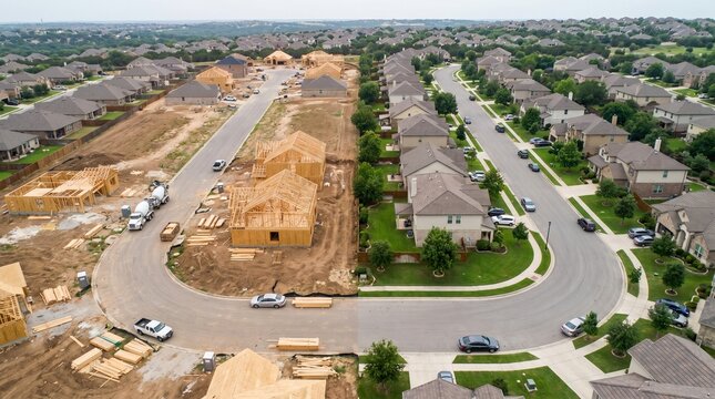 Aerial View of New Housing Construction and Established Suburban Neighborhood