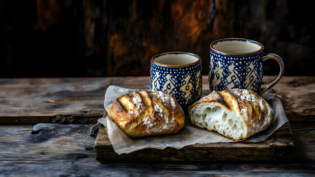 Freshly baked sourdough bread and ceramic mugs on a rustic wooden table with copy space