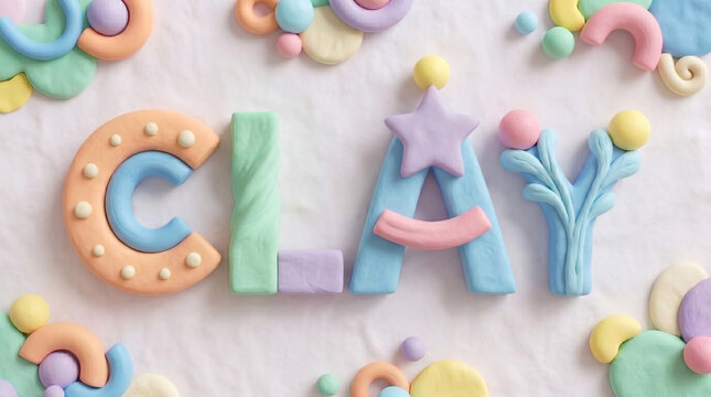 A creative 3D typography piece spelling out "CLAY" using various pastel-colored clay shapes and textures on a soft, wrinkled background.