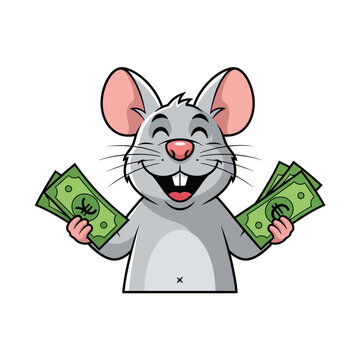 Cartoon mouse holding cash, financial contentment on white background