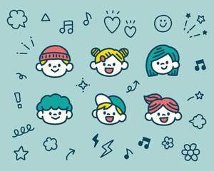Fototapeta premium 子供 かわいい 顔アイコン イラストセット 手描き シンプル