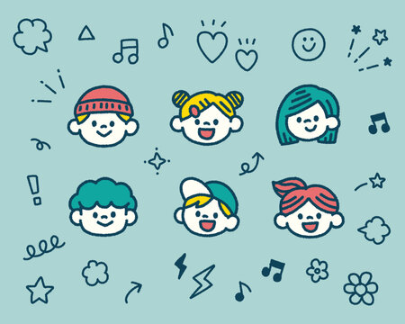 子供 かわいい 顔アイコン イラストセット 手描き シンプル