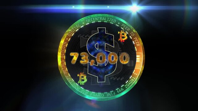A glowing virtual Bitcoin coin displaying market value floats within fiery energy waves, symbolizing cryptocurrency growth, digital finance, blockchain technology, and the volatile dynamics of modern 
