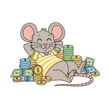 Cartoon mouse relaxing on money stacks, financial success concept