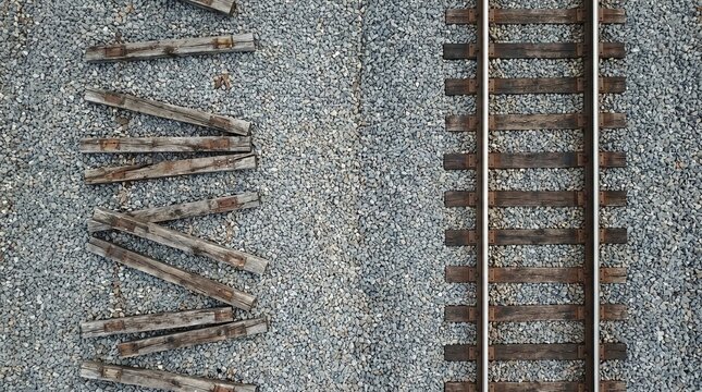 Aerial View of Old Railroad Tracks and Wooden Sleepers on Gravel