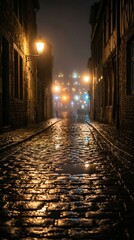 Naklejka premium Wet cobblestone street glowing under streetlights in foggy night