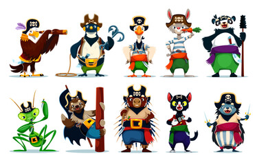 Fototapeta premium Cartoon animal pirate vector characters. Eagle captain, brave hedgehog, penguin, cat animal boatswains. Sloth and goose skippers, mantis fighter, panda gunner pirate, porcupine, rabbit sailor corsair