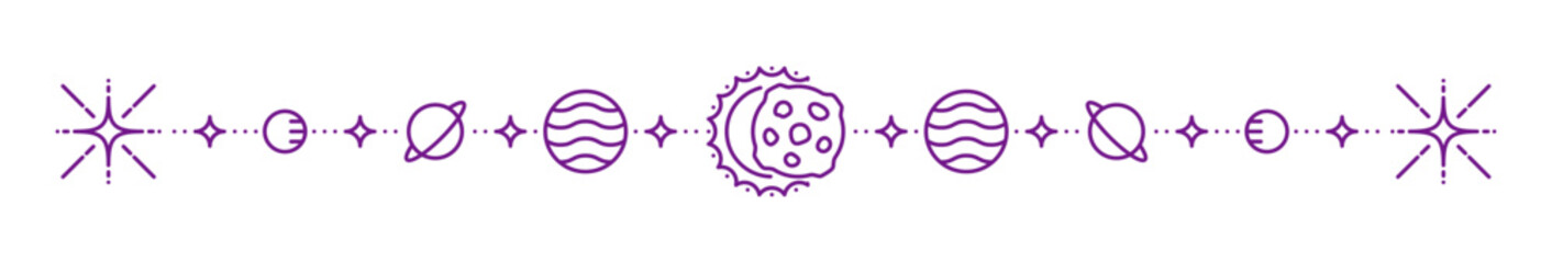 Outer space and Solar system planet line divider or border. Space travel underline spacer, astronomy science vector divider. Galaxy outer space exploration border with sun and Solar system planets © Vector Tradition