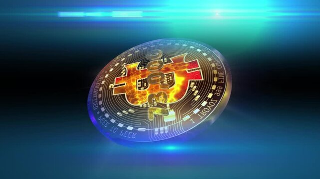 A glowing virtual Bitcoin coin displaying market value floats within fiery energy waves, symbolizing cryptocurrency growth, digital finance, blockchain technology, and the volatile dynamics of modern 