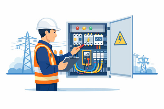 Male Electrical Engineer in Safety Vest and Hard Hat Maintaining Power Grid Control Panel with High Voltage Towers in Background Flat Vector Illustration