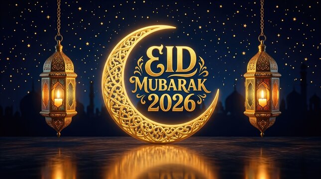 Eid mubarak 2026 celebration with crescent moon and lanterns