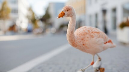 Fototapeta premium A playful flamingo balances on a skateboard while surrounded by a bustling urban environment, showcasing a whimsical fusion of nature and urban culture.