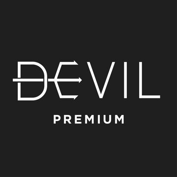 DEVIL PREMIUM Logo Design with Stylized Typography and Arrow in Letter E on Black Background