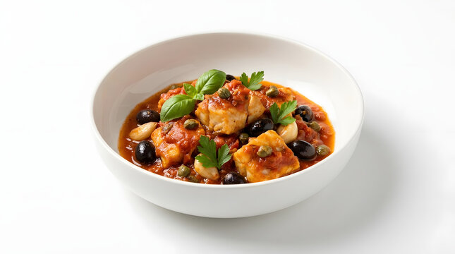 Authentic Mon&eacute;gasque Stocafi, a rich and savory dried cod stew with tomatoes and black olives, isolated on white