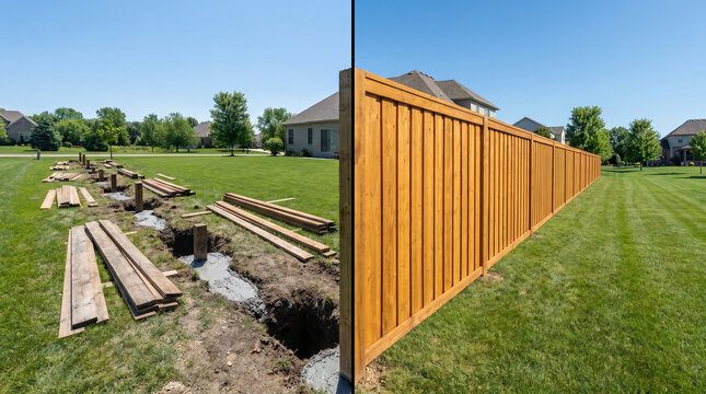 Before and After Wooden Privacy Fence Installation in a Residential Backyard