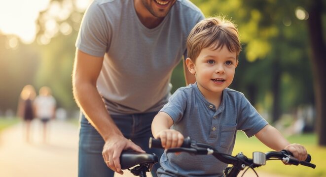 Father teaching young boy to ride bike in park