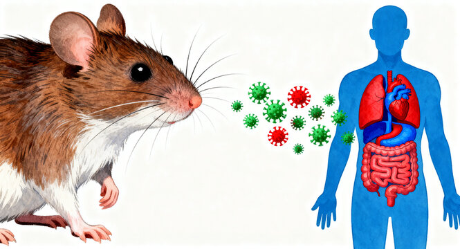 Conceptual illustration of a mouse transmitting viral pathogens to a human body, detailing the spread of disease to vital internal organs and health implications