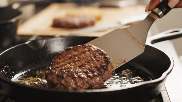 A person flips a burger patty with a spatula in a hot pan on a stove in a kitchen.