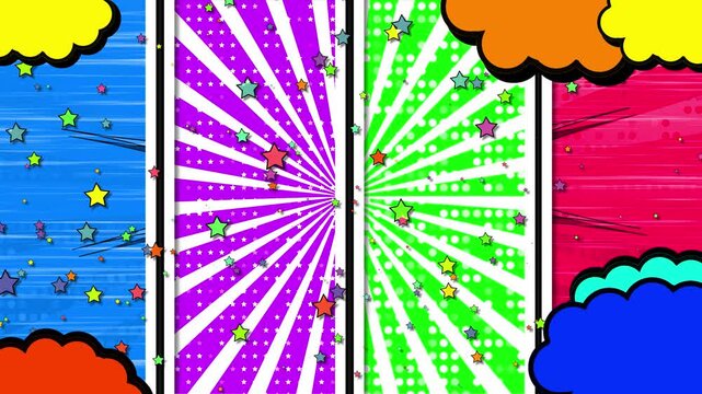 Vibrant Multi-panel Comic Book Background With Colorful Sunburst Rays, Halftone Patterns, And Animated Star Particles. Features Bright Blue, Purple, Green, And Red Panels With Retro Pop Art Speech 