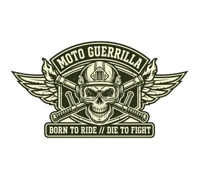 Moto guerrilla skull with engine parts emblem
