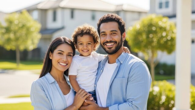 Smiling multiracial family with child posing in front of suburban homes