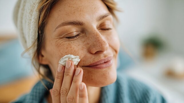 A smiling woman gently applies cream to her face, radiating self-care and confidence in a serene environment, emphasizing beauty, wellness, and personal care rituals.