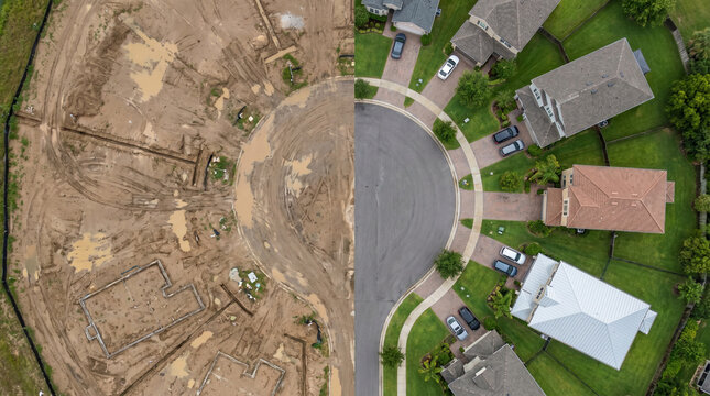 Drone aerial view of a suburban cul-de-sac before and after construction.