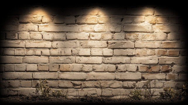 Old brick wall lit by warm spotlights at night