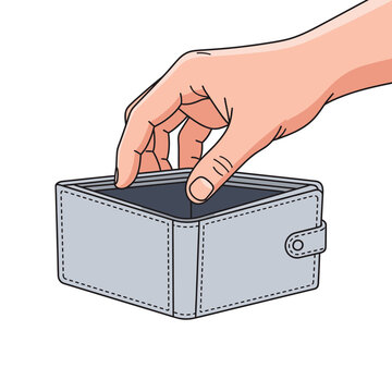 Hand touching the edge of an empty wallet against white background