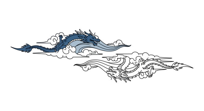 Mystical Blue Dragon and Outline Amidst Swirling Clouds - Asian Mythology Art