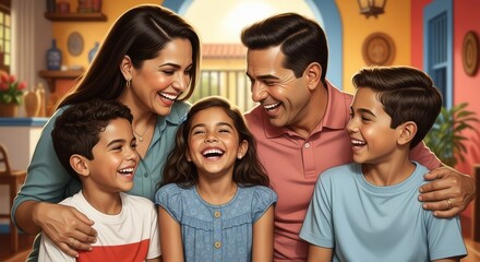 Obraz premium Smiling Hispanic family with parents and three children embracing in a colorful home