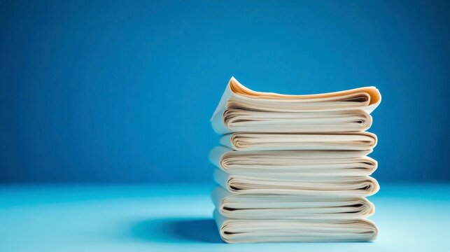 Stacked newspapers arranged neatly against a gradient blue background for editorial or media concept imagery