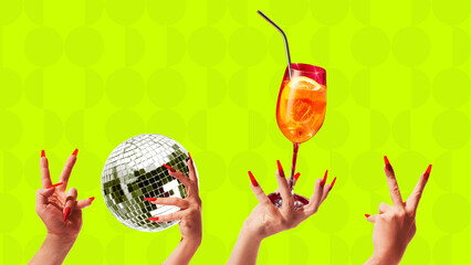 Naklejka premium Aperol style cocktail with disco ball and peace hands on neon green background. Concept of summer bar promo, party flyer, nightlife branding and bold beverage ad.