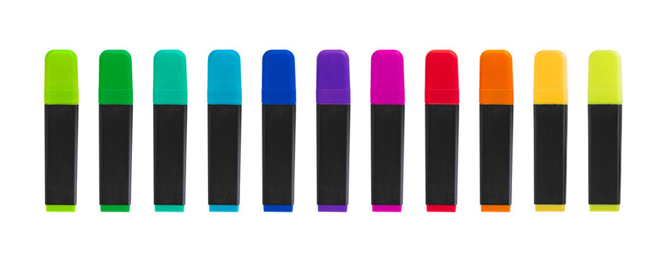 A collection of rainbow coloured highlighter marker pens for art drawing lessons when going back to school or for the office isolated against a transparent background.