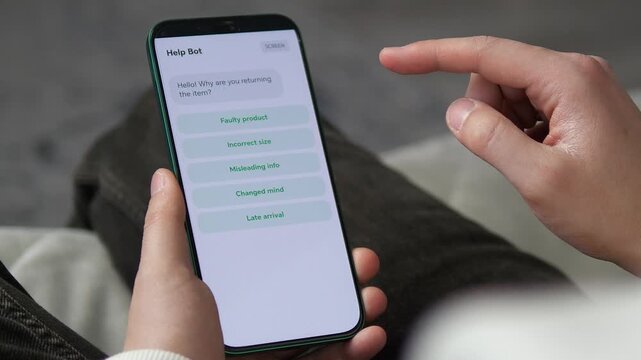 Close-up of a mobile chatbot interface for retail returns. User chooses reasons for returning an item on a sleek smartphone screen. Ideal for shopping app demos, customer experience videos, and mobile